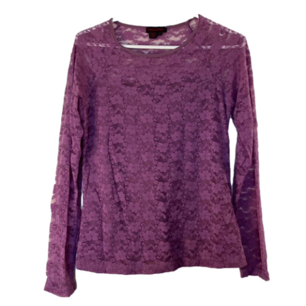 Simon Chang Long Sleeve Purple Floral Lace Sweetheart Neckline Top (Size Medium)